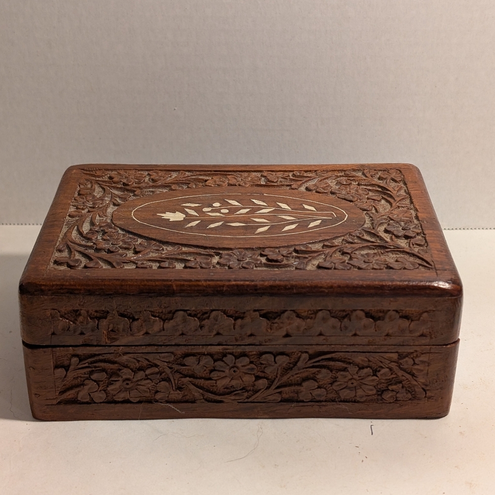 Vintage Hand Carved Wooden Trinket or Jewelry Box with Inlay